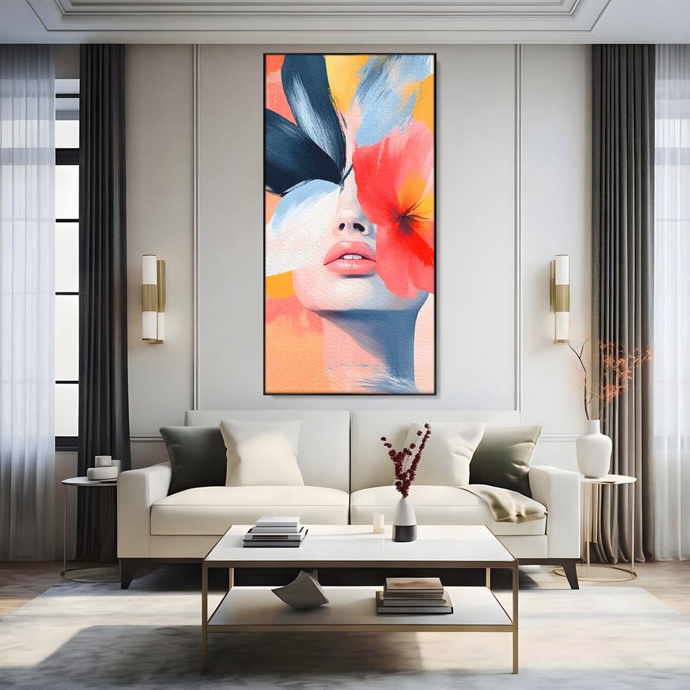 Tablou canvas cu tablou canvas cu fata de femeie si flori pictate, in rama de aluminiu negru, pe perete intr-un living